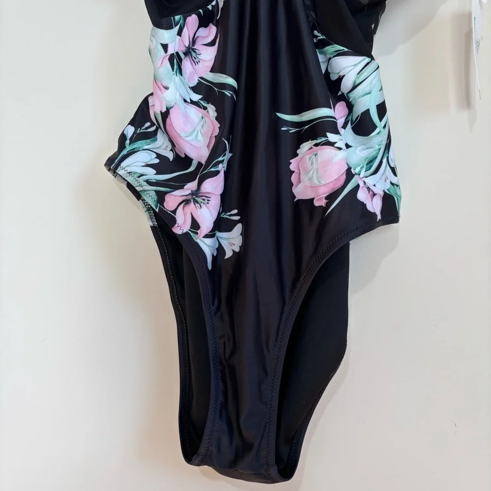beachsissi Mesh waist adjustable strap pink blue floral black One Piece Swimwear